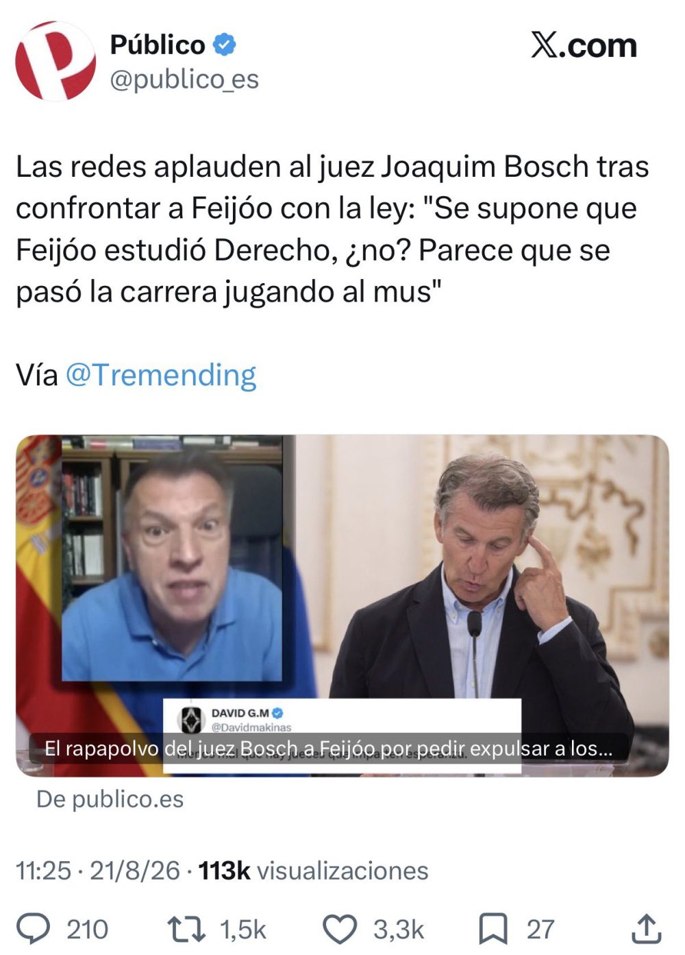 Joaquim Bosch: "Se supone que Feijóo estudió derecho, ¿no? Parece que se pasó la carrera jugando al mus".