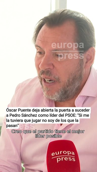 Óscar Puente deja abierta la puerta a suceder a Sánchez al frente del PSOE dentro de cuatro o cinco años, aunque asegura que el líder socialista es "el Jordan del equipo": "Si me llegara la pelota y me la tuviera que jugar, no soy de los que la pasan"