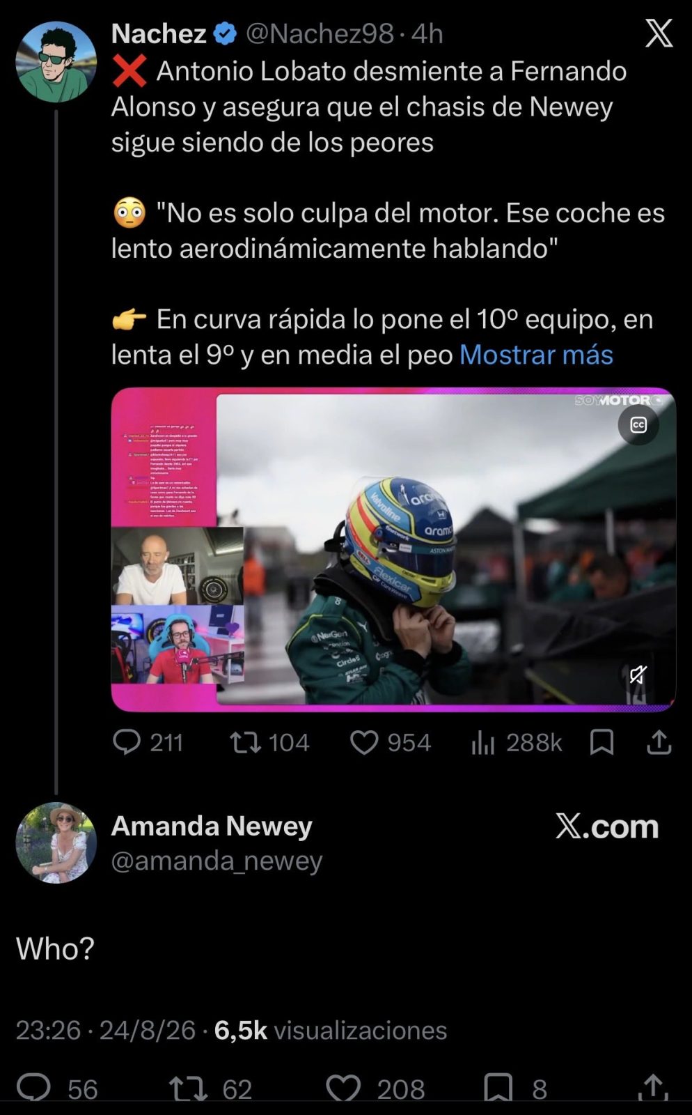 La mujer de Adrian Newey humilla a Antonio Lobato en Twitter: "¿Quién?"