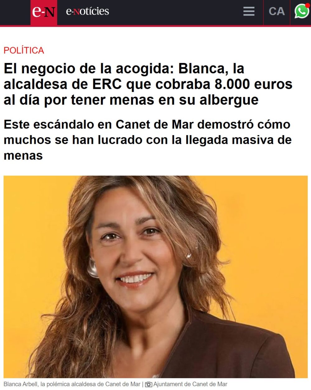 Una alcaldesa de ERC cobraba 8.000 euros diarios (2,9 millones anuales) por alojar a 50 menas en el albergue de su familia gracias a un contrato de la Consejería de Trabajo controlada por su mismo partido, mientras se ocultaba que uno de ellos vioIó a una menor local.