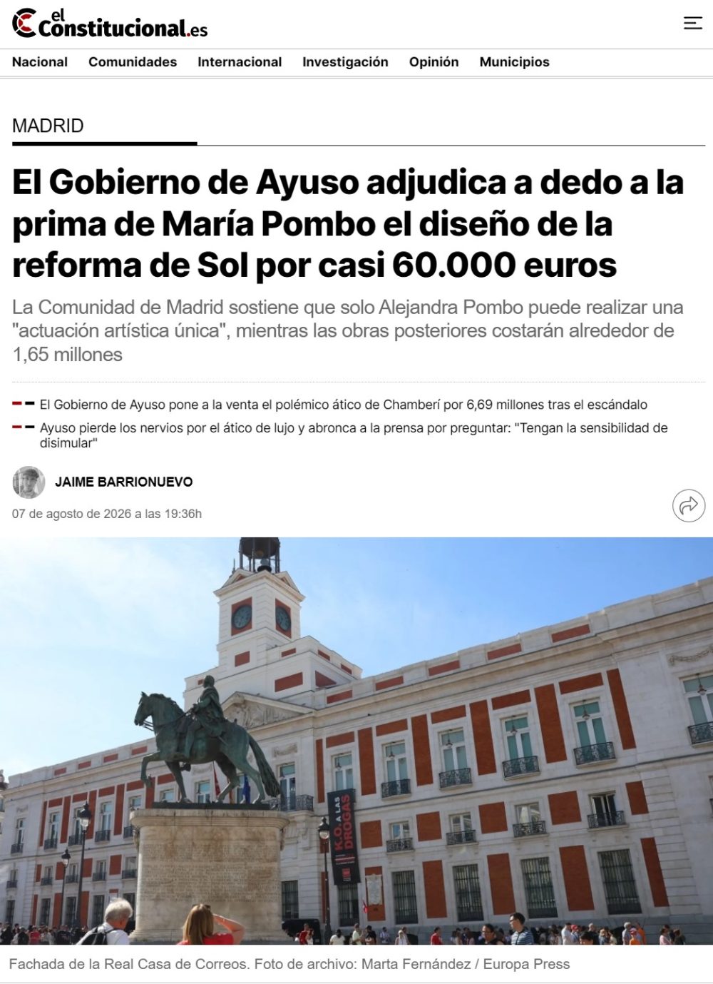 Madrid adjudica a dedo las obras de la Real Casa de Correos a la prima de María Pombo.