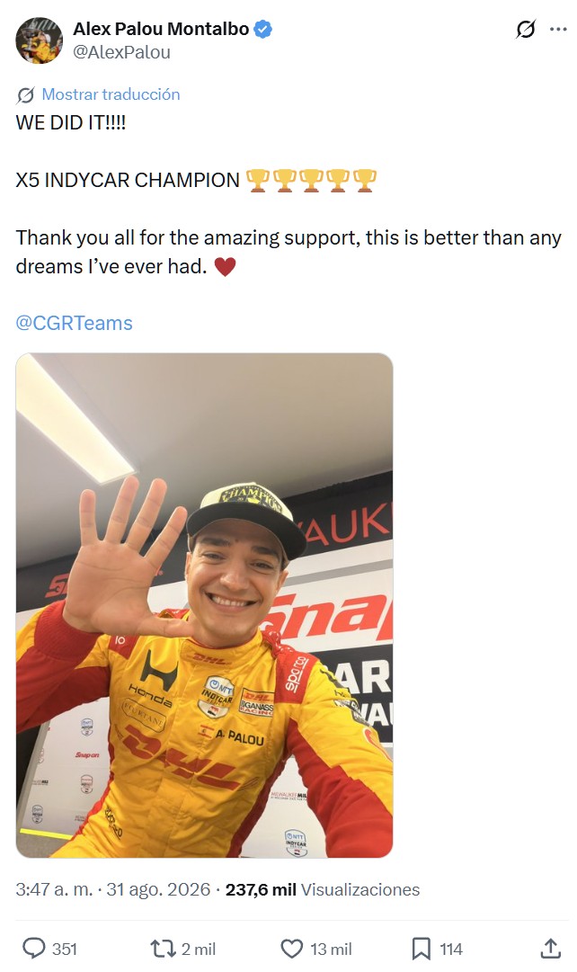 Alex Palou campeón de la IndyCar (da igual cuándo leas esto).