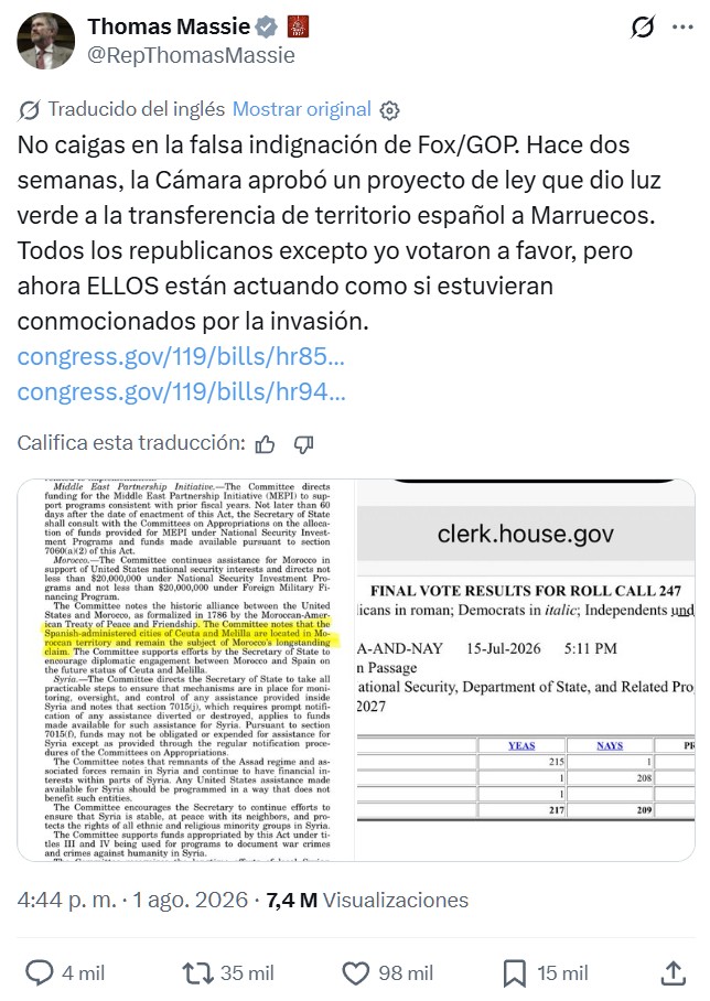 La Cámara de Representantes de EE.UU. aprobó hace 2 semanas un proyecto de ley que da luz verde a la entrega de Ceuta y Melilla a Marruecos.