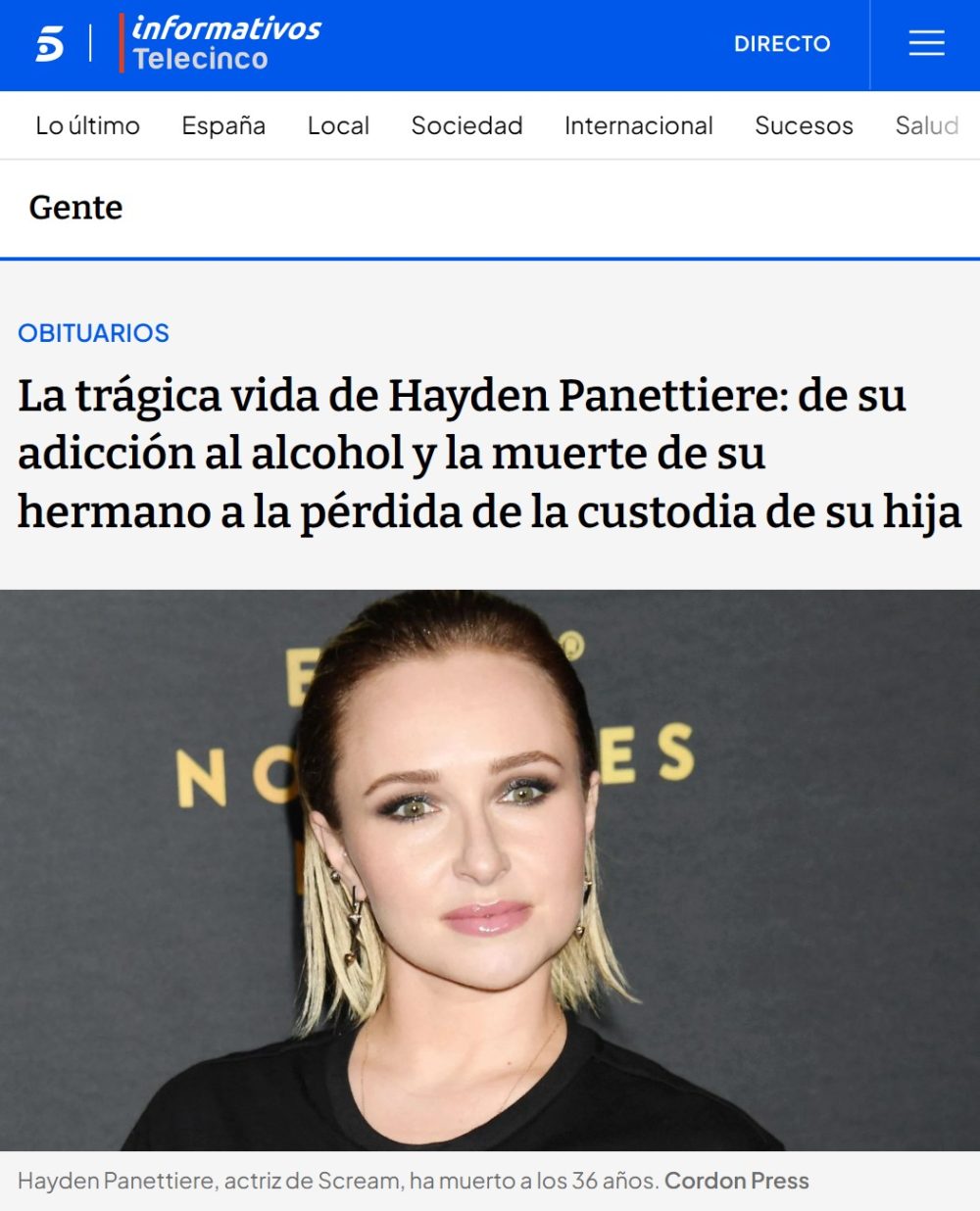 Muere a los 36 años la actriz Hayden Panettiere, famosa por su papel en 'Héroes'.