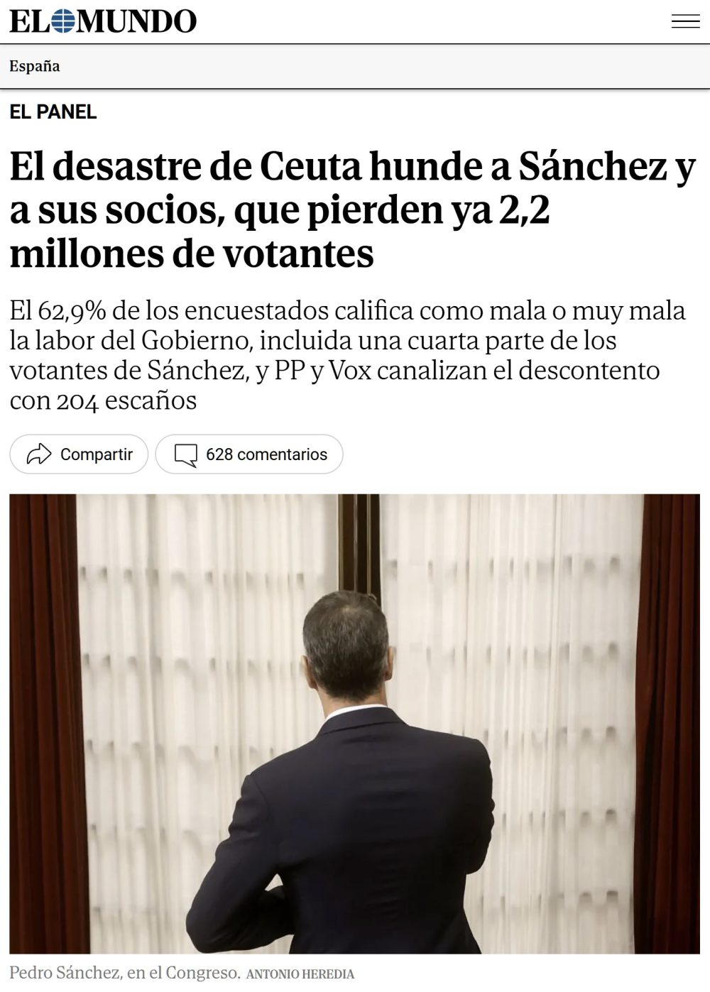 El Mundo: "El desastre de Ceuta hunde a Sánchez y a sus socios, que pierden ya 2,2 millones de votantes".