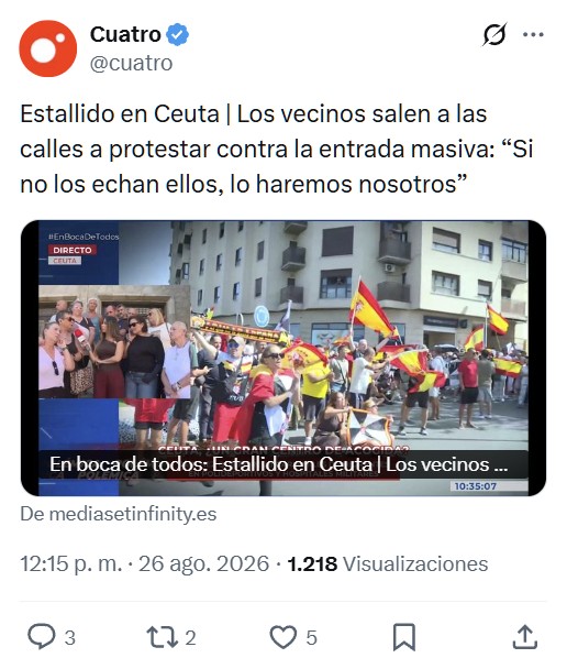 Vecino de Ceuta, muy indignado: «Mi mujer tiene una depresión de caballo. Los inmigrantes están en mi portal, llevan navajas y me amenazan con cortarme el cuello. Me tendré que defender con una navaja. Al final, le tendré que rebanar el cuello a un invasor, y me da igual lo que me pase».