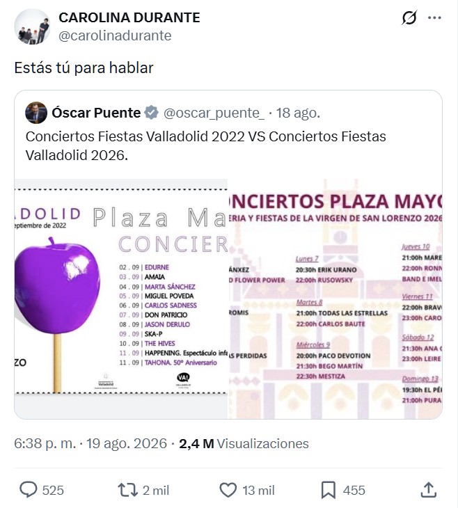 El ministro de transportes, ex-alcalde de Valladolid, crea un tuit en el que menosprecia a los artistas contratados para las fiestas de este año.