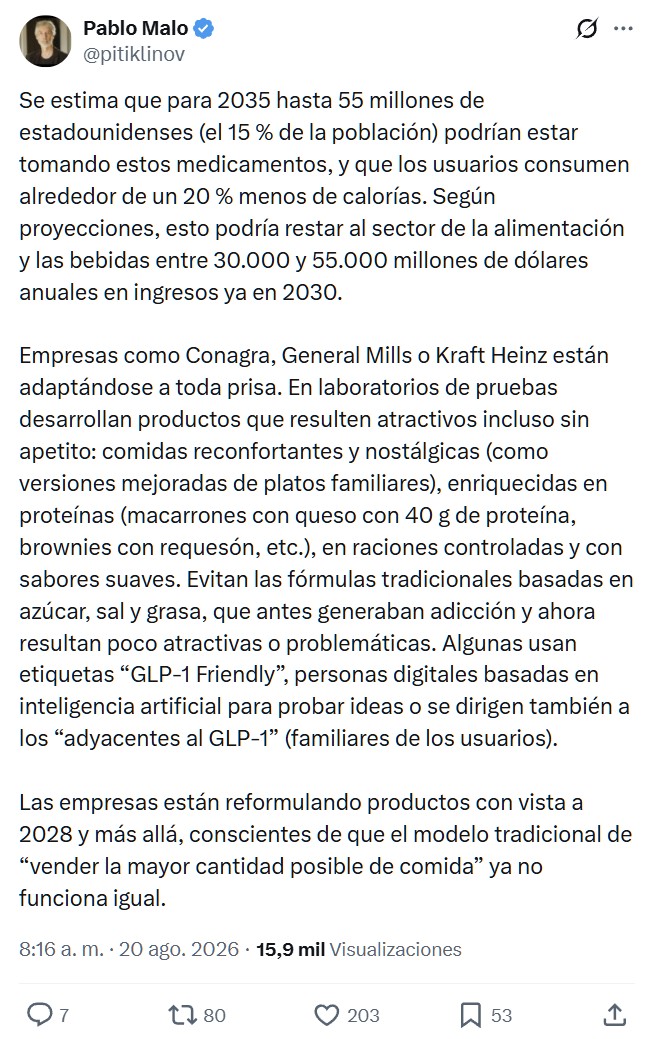 El mayor reto actual de las grandes compañías de alimentos envasados es la irrupción de los fármacos GLP-1 (como Ozempic, Wegovy, Mounjaro o Zepbound), que suprimen el apetito y reducen significativamente el consumo de calorías.