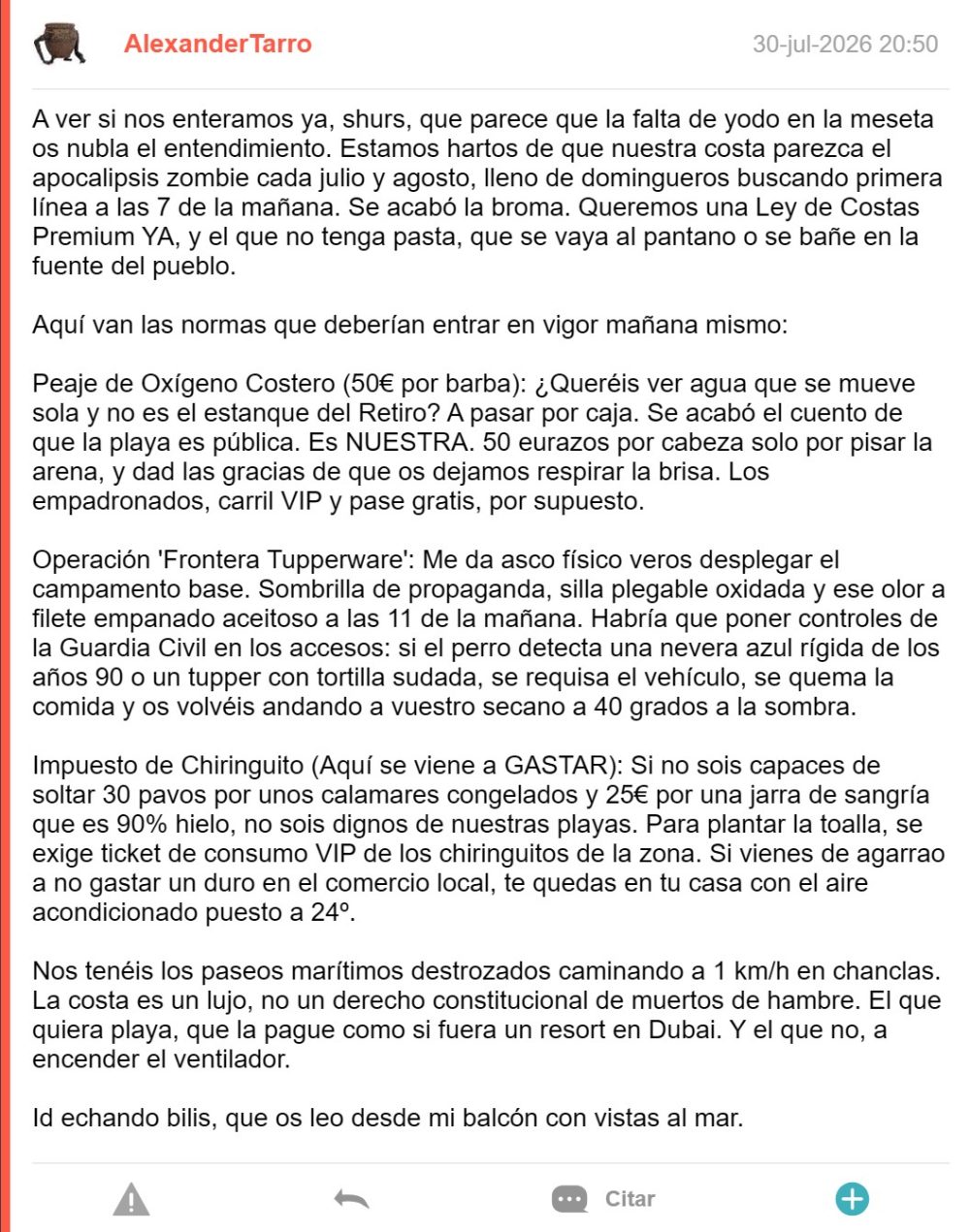 "Se acabó el turismo de nevera azul: 50€ por pisar NUESTRA arena o de vuelta al secano"