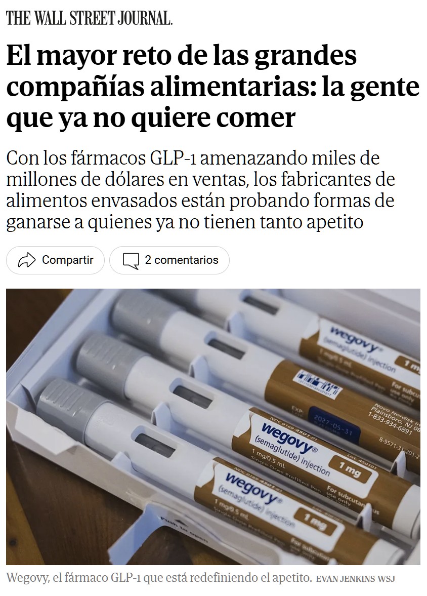El mayor reto actual de las grandes compañías de alimentos envasados es la irrupción de los fármacos GLP-1 (como Ozempic, Wegovy, Mounjaro o Zepbound), que suprimen el apetito y reducen significativamente el consumo de calorías.