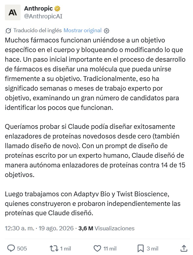 Estas proteínas no existían en la naturaleza. Ninguna. Claude las inventó para agarrarse al cáncer y al alzhéimer, y un laboratorio las hizo realidad.