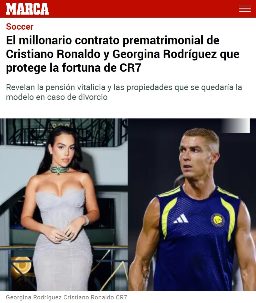 Cristiano Ronaldo se compromete a pagar 100.000 euros al mes a Georgina DE POR VIDA si se divorcian.