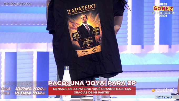 El mensaje de apoyo de Paco Álvarez a Zapatero con su camiseta.