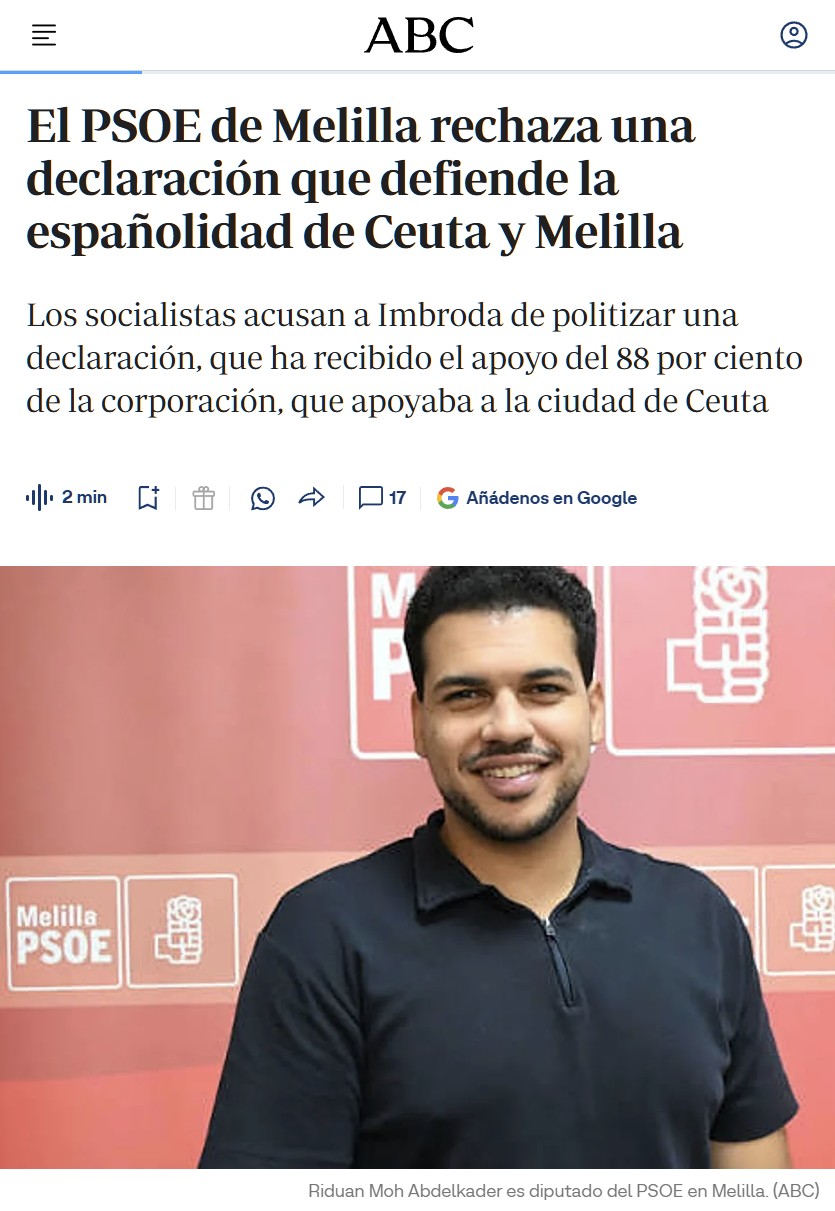 El PSOE de Melilla es el único partido que ha rechazado una declaración que defiende la españolidad de Ceuta y Melilla. Hasta el islamista 'coalición por Melilla' ha votado a favor.