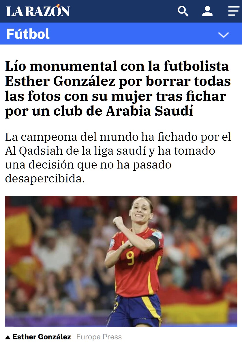 Esther González es presentada como nueva jugadora del Al-Qadsiah de Arabia Saudí. La jugadora (Iesbiana) ha borrado las fotos con su pareja y su hija en su perfil de Instagram.