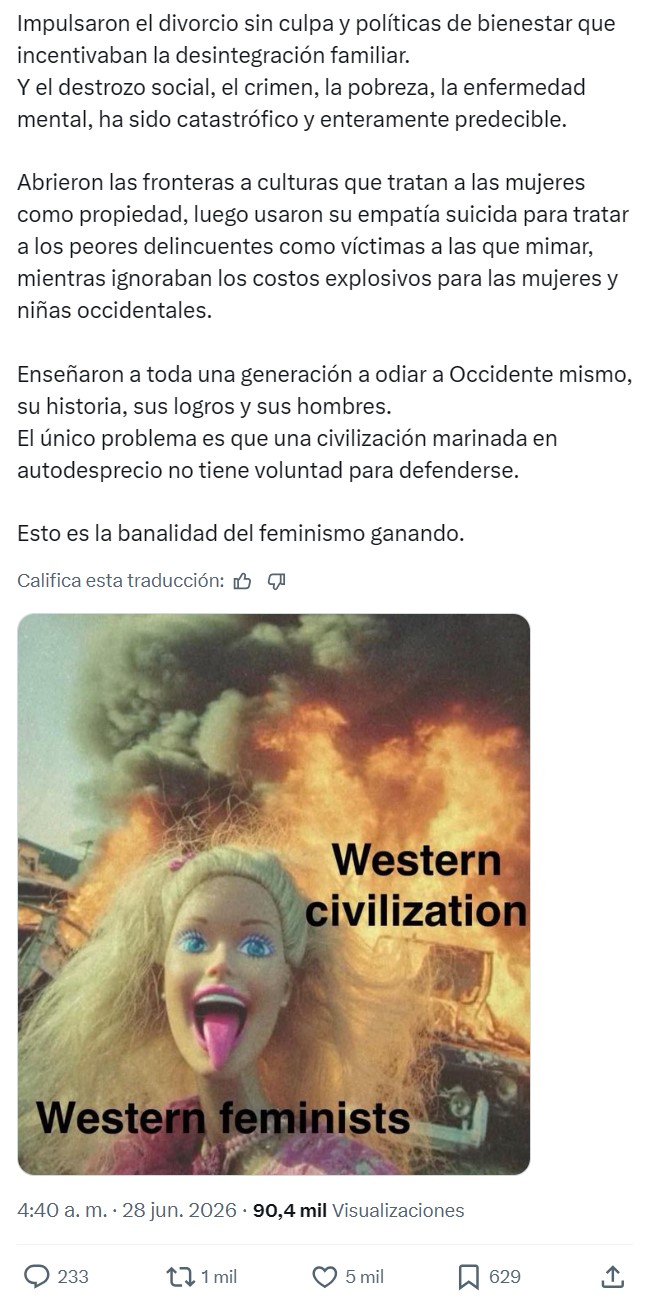 “El feminismo es la creencia de que las mujeres deben tener autoridad sin responsabilidad, mientras que los hombres deben tener responsabilidad sin autoridad.”