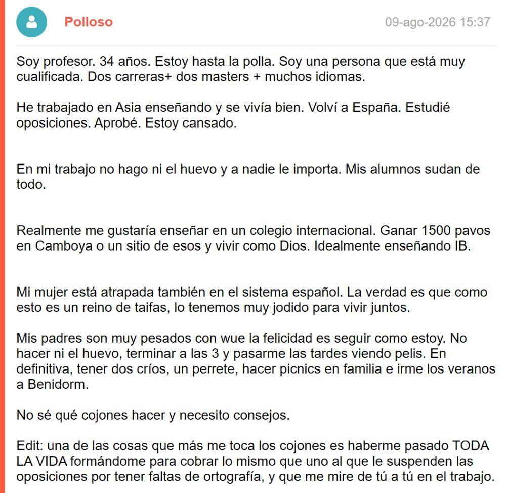 Ansiedad de vida. Profesor de pública. Paso a colegio internacional.