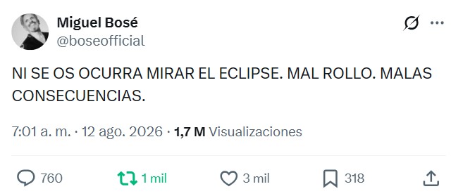 Miguel Bosé aconseja no mirar el eclipse.