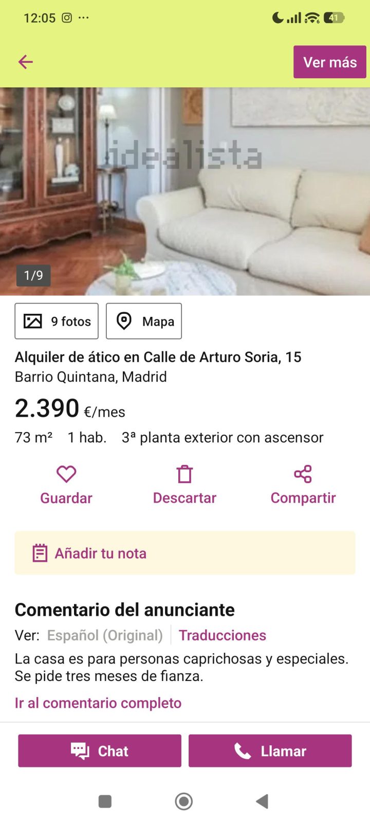 Piso de 1 habitación en Arturo Soria: 2390€ al mes.