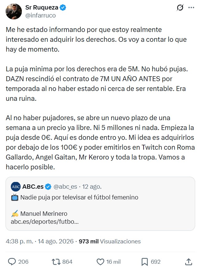 Es nuestra oportunidad de pillar los derechos de la liga de fútbol femenino por cuatro perras y narrar el Vileda Barça contra el Fairy Madrid.