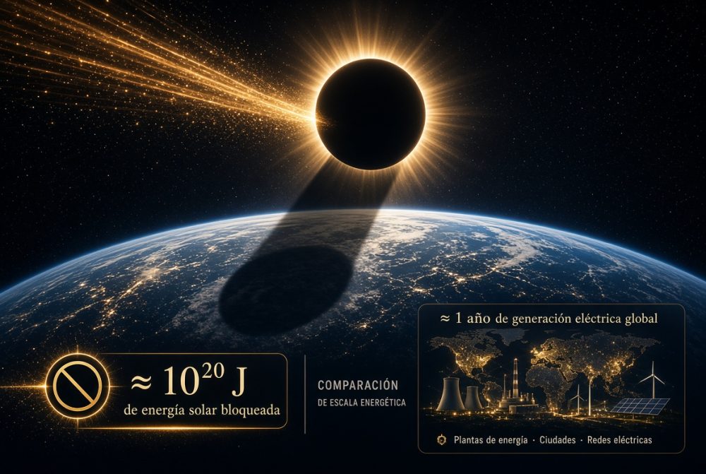El eclipse de ayer detuvo aproximadamente 10²⁰ J de energía solar de llegar a la Tierra: ¡Eso equivale a ~1 año de generación eléctrica global!