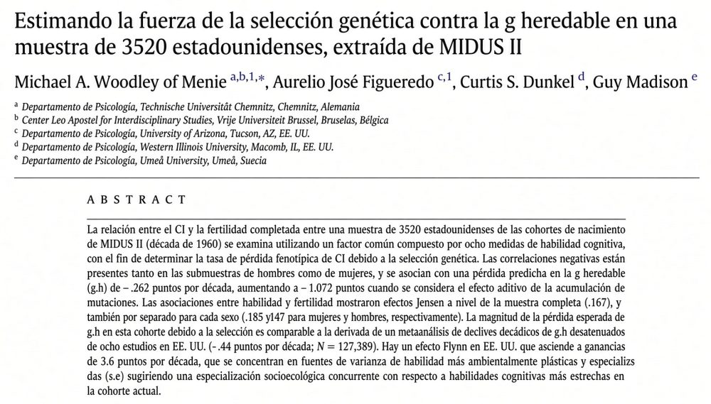 Las personas con mayor cociente intelectual tienden a tener menos hijos en las últimas décadas. La correlación es más robusta en mujeres.