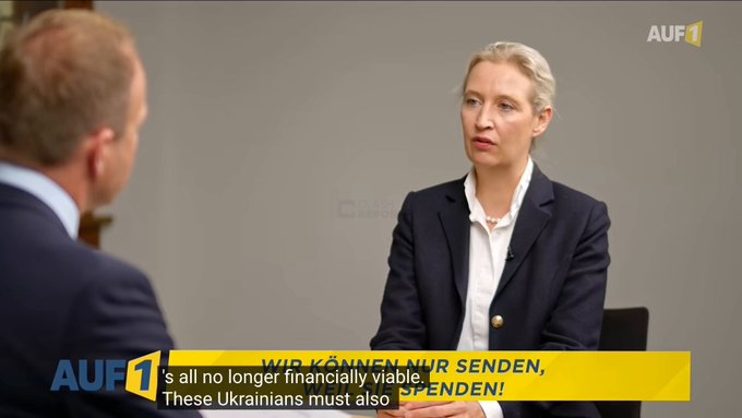 Alice Weidel sobre Ucrania: “Detendremos los pagos a Ucrania y todo apoyo a la guerra, y también haremos exigencias sustanciales de reembolso a Ucrania”.