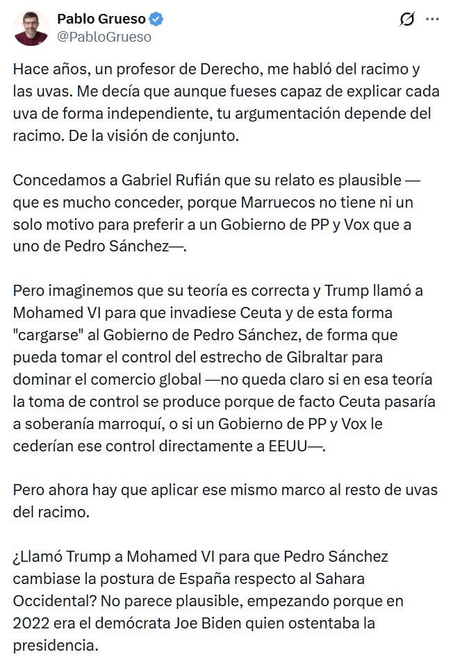Rufián acusa a Marruecos de enviar 80.000 personas a su frontera para "cargarse" al Gobierno con la colaboración de EEUU, Israel y la derecha y ultraderecha española. Además, ha calificado de "pusilánime" al Ejecutivo por su actitud ante Rabat.