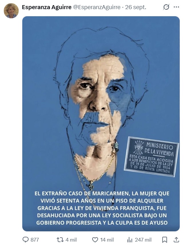 Esperanza Aguirre, expresidenta de la Comunidad de Madrid, ha publicado esto en sus redes sociales.