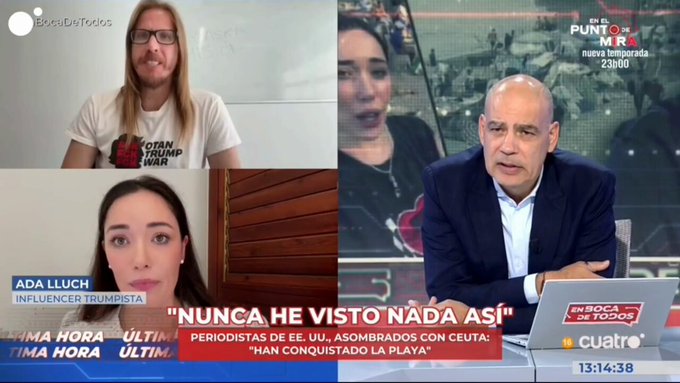 El perro afgano de Podemos abandona el programa de Macho Abad después de que Ada Lluch llamase "mamarrachas" a Irene Montero y Ione Belarra.