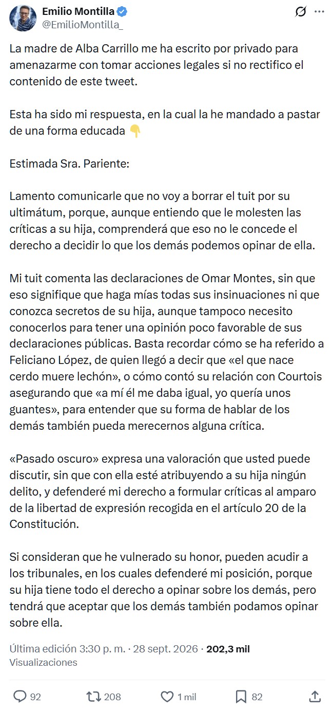 Omar Montes advierte a Alba Carrillo con contar cosas que sabe de ella, si sigue machacándolo en Televisión.