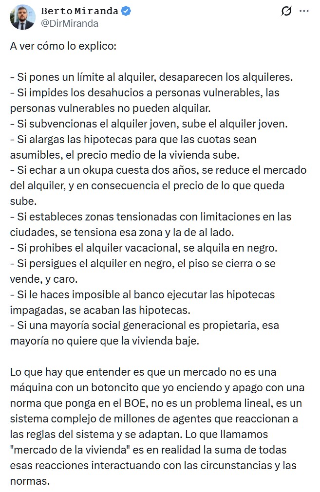 Las medidas inútiles que solo consiguen titulares y dañan la oferta, no van a solucionar el problema de la vivienda.