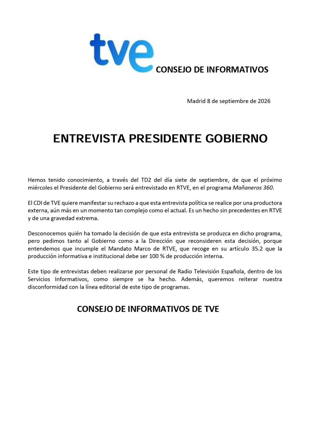 Comunicado del consejo de informativos de TVE sobre la entrevista al Presidente del Gobierno en Mañaneros 360