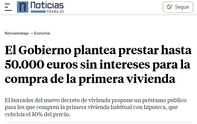 El Gobierno plantea préstamos públicos de hasta 50.000 euros al 0% de interés para la compra de primera vivienda.