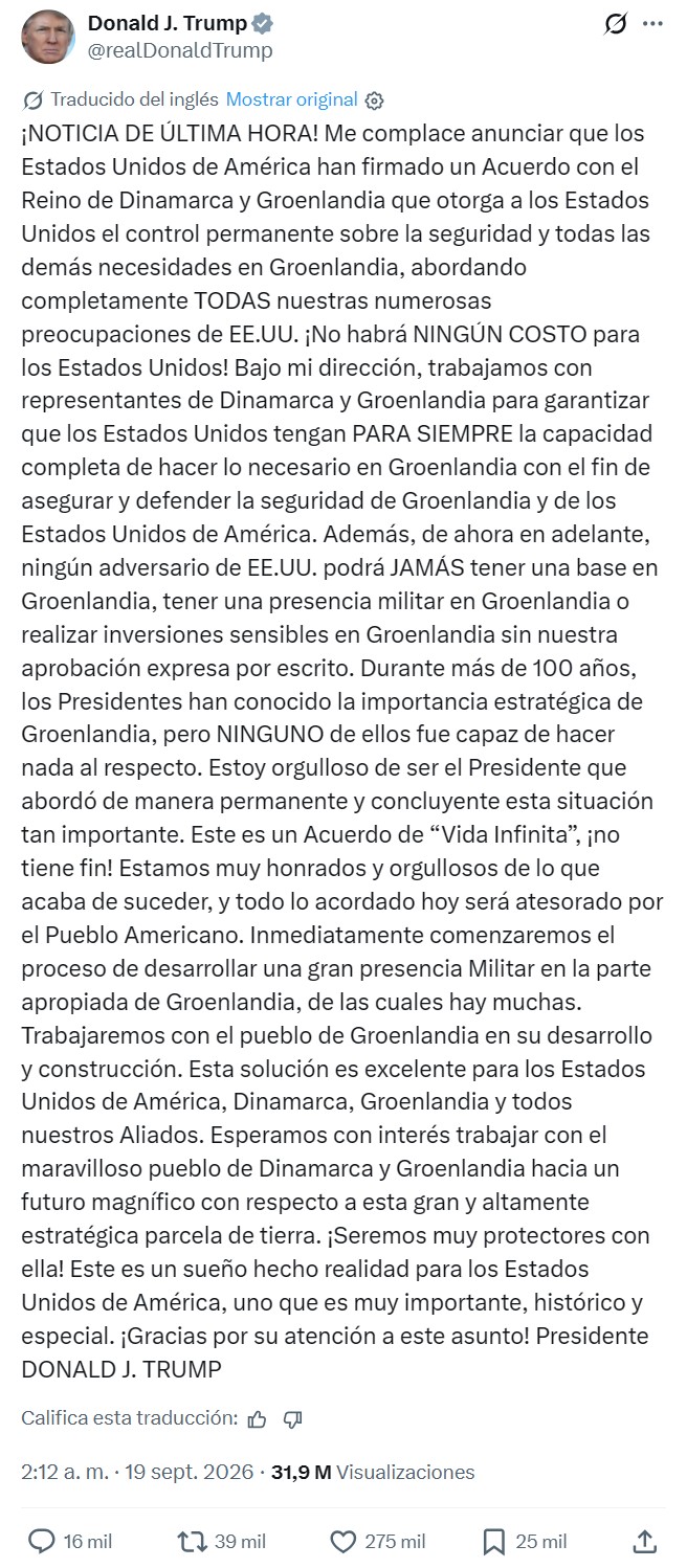 Trump anuncia que finalmente ha llegado a un acuerdo con Dinamarca para encargarse al 100% del despliegue militar en territorio groenlandés.