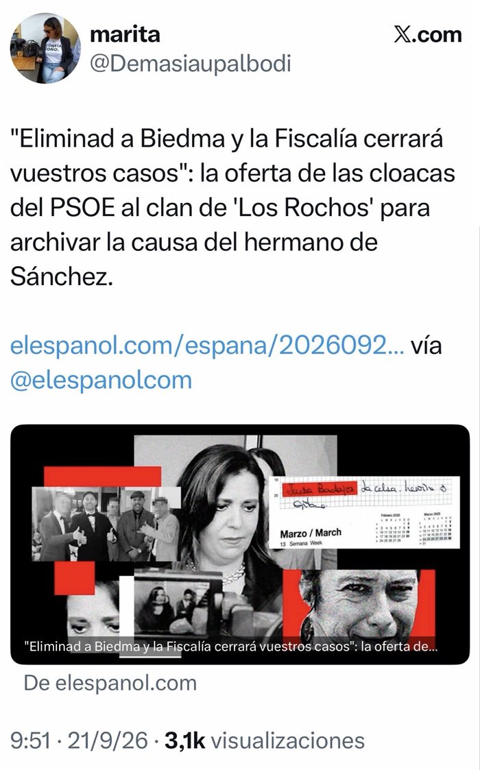 Un enviado de Leire Díez enseñó al narcotraficante 'El Gitano' la rutina de la juez del hermano de Sánchez para que le diese «un sustillo». También se habló de la existencia de vídeos realizados a la magistrada y a sus hijas menores de edad.