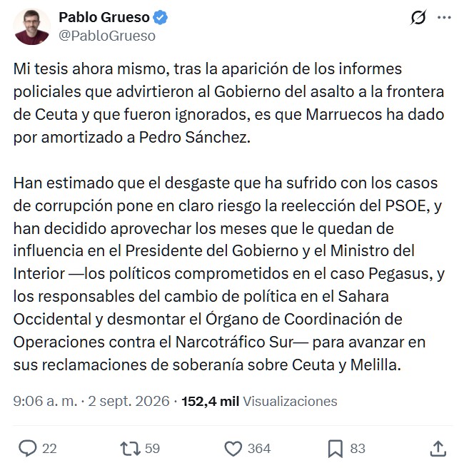Rufián acusa a Marruecos de enviar 80.000 personas a su frontera para "cargarse" al Gobierno con la colaboración de EEUU, Israel y la derecha y ultraderecha española. Además, ha calificado de "pusilánime" al Ejecutivo por su actitud ante Rabat.