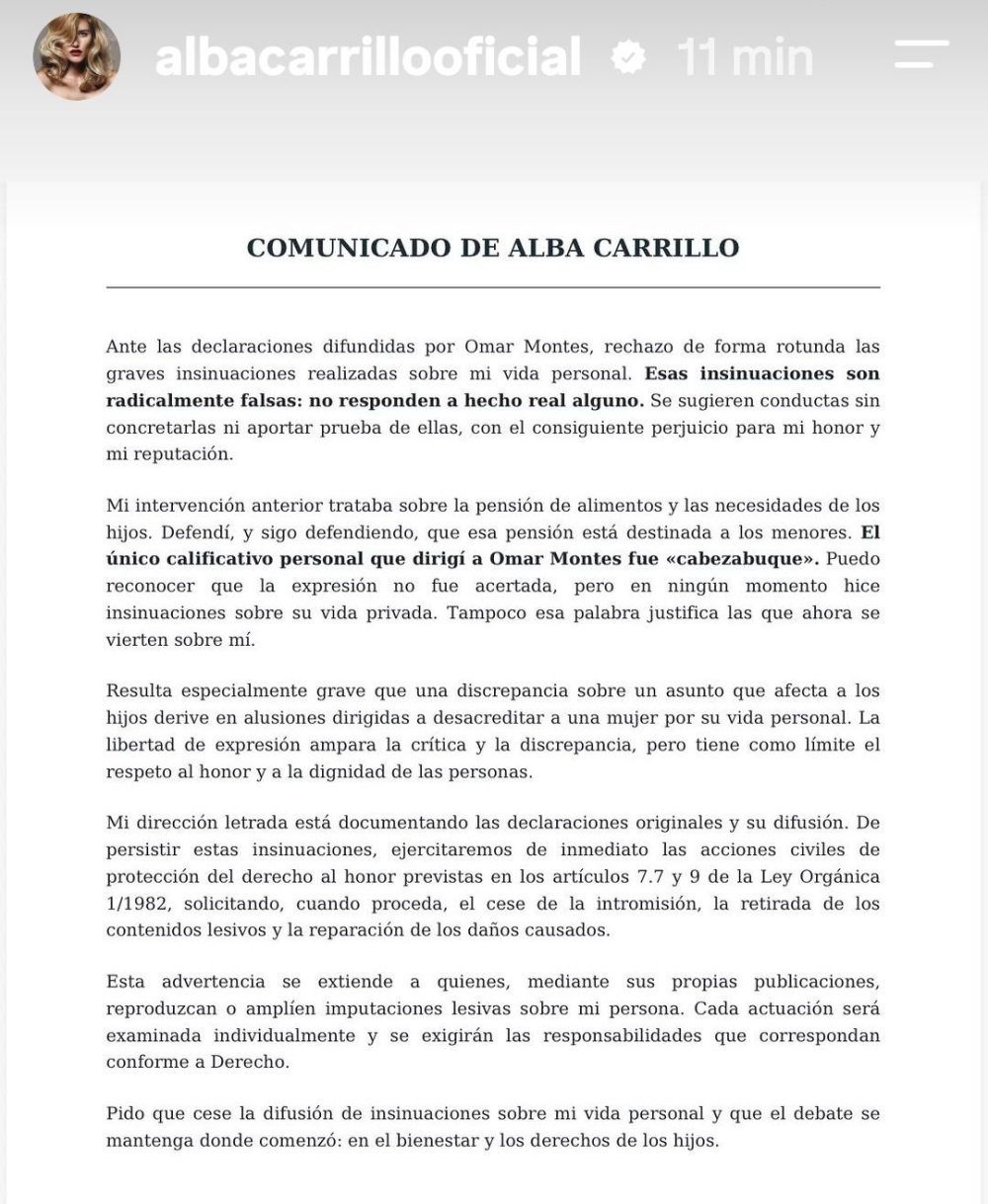 Omar Montes advierte a Alba Carrillo con contar cosas que sabe de ella, si sigue machacándolo en Televisión.