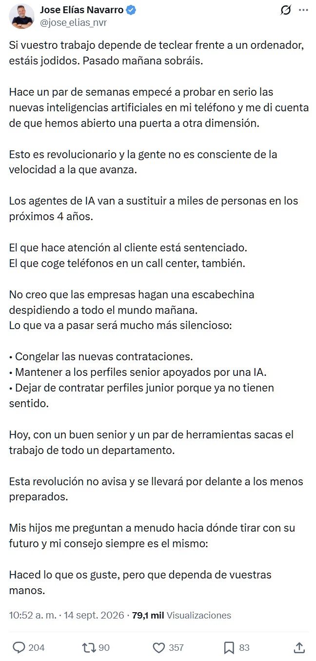 Jose tiene razón pero falla en su conclusión: los trabajos manuales también serán sustituidos.