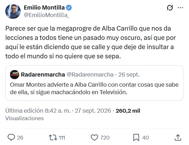 Omar Montes advierte a Alba Carrillo con contar cosas que sabe de ella, si sigue machacándolo en Televisión.