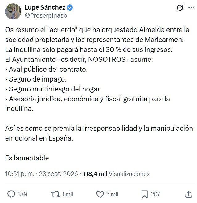 Almeida abraza el populismo y consigue unas condiciones discrecionales solo para Maricarmen: podrá volver a su vivienda pagando menos del 30% de su pensión.