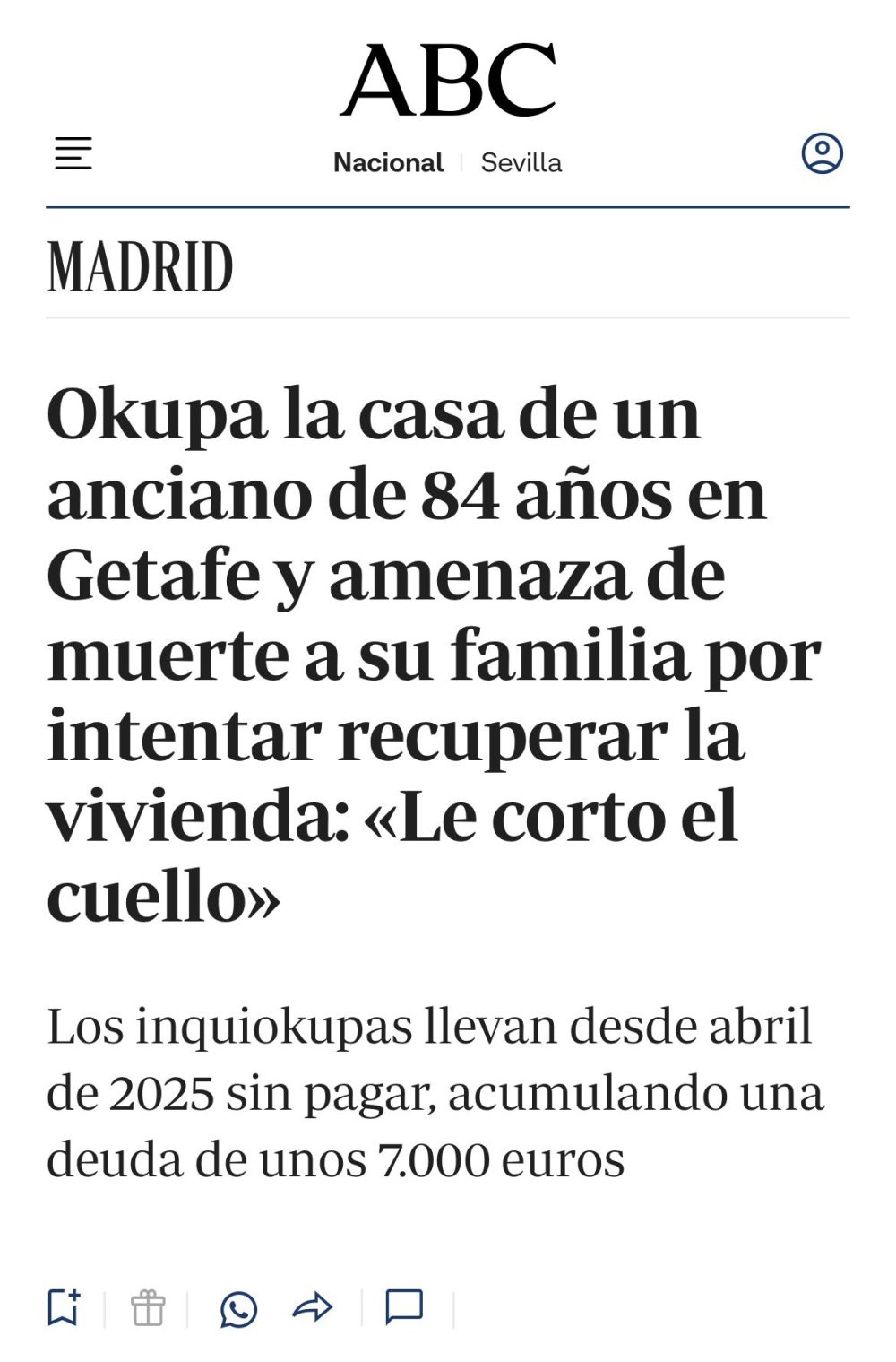 No fue Ana Belén con cara de estreñida a leerle un poema. Ni una horda de perroflautas acamparon en su calle. Ningún tertuliano se partió la cara por él. Cuando le okupan la casa a un anciano, la izquierda y los medios de comunicación siempre apoyan al delincuente.