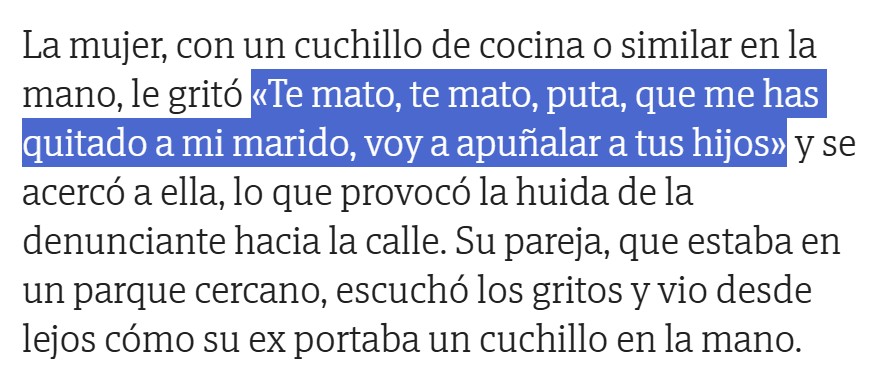 La mujer fue a tirar la basura cuando la ex de su novio, que estaba escondida, la asaltó con un cuchillo y le dijo que la iba a matar a ella y a sus hijos por quitarle el marido. La han condenado a pagar 540€ y orden de alejamiento de 6 meses.
