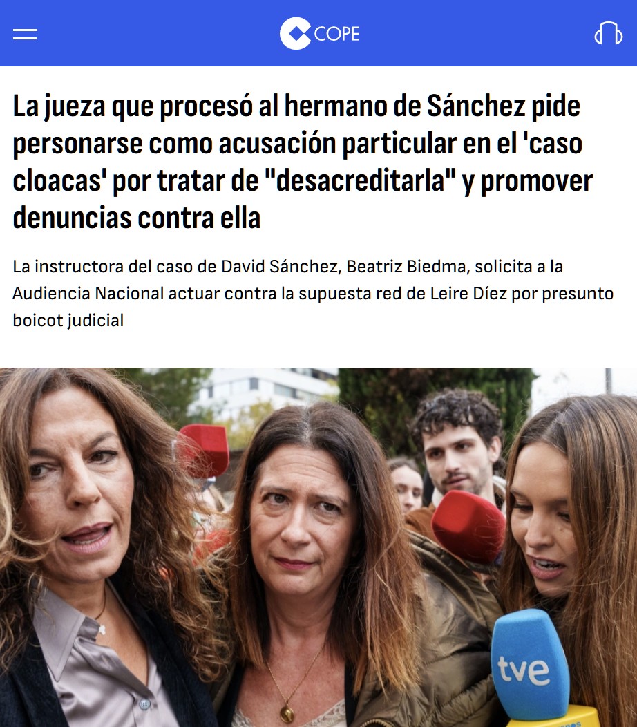 La jueza del ‘caso David Sánchez’ denuncia supuestos contactos de la trama de Leire Díez con el narcotráfico para atacarla y pide personarse en el juicio de las cloacas del PSOE.