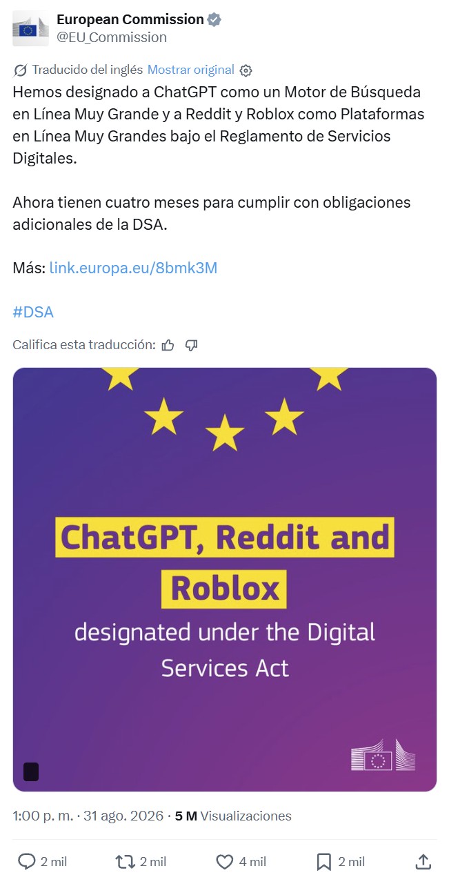 La UE le da 4 meses a ChatGPT, Reddit y Roblox para que se adapten a la regulación europea DSA.