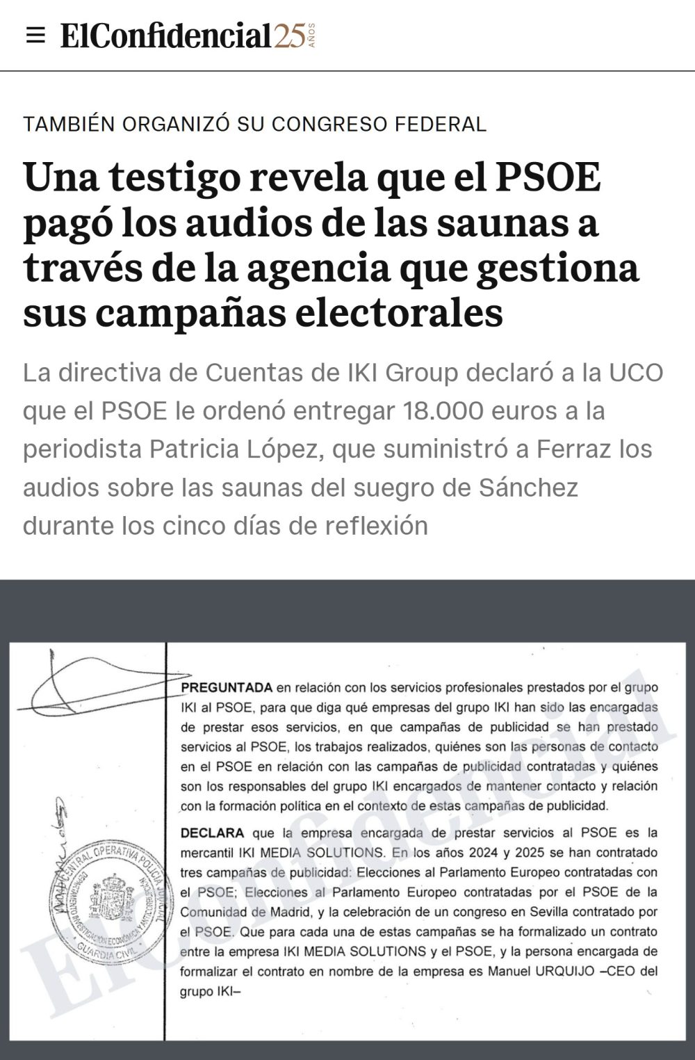 La UCO acredita que la PSOE pagó 18.000 euros por los audios de Villarejo sobre las saunas del suegro de Sánchez con dinero de la campaña europea de 2024.