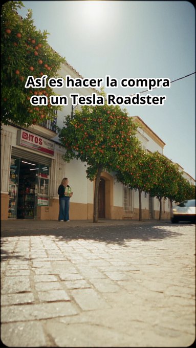 Haciendo la compra en un Tesla Roadster.