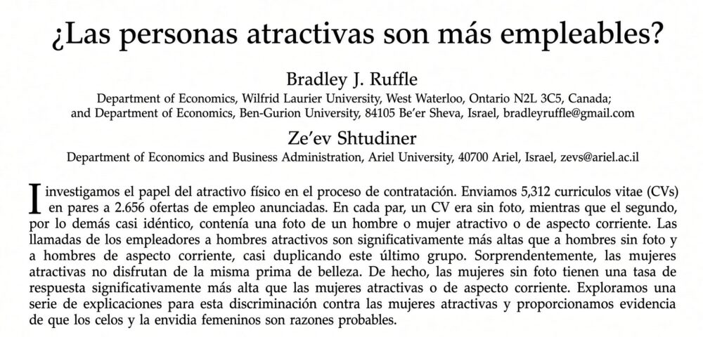 Cuando los departamentos de recursos humanos están compuestos mayoritariamente por mujeres, responden un ~50% menos a las solicitudes de mujeres muy atractivas, aunque tengan un currículum idéntico al de las menos atractivas, posiblemente para evitar la competencia directa.