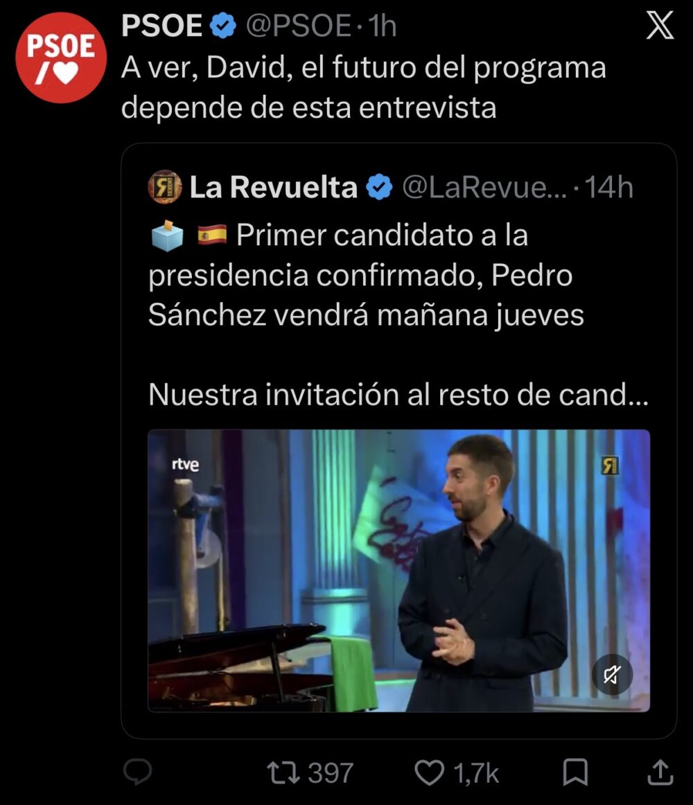 Pedro Sánchez irá hoy a La Revuelta.