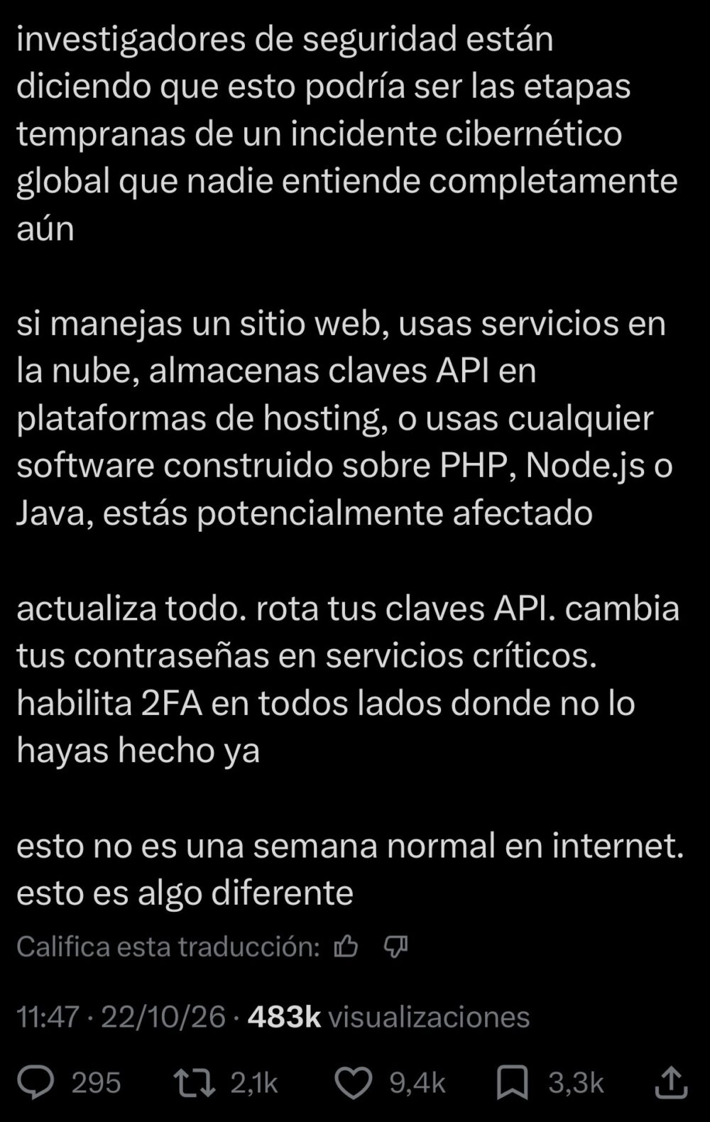 Todos los administradores de sistemas están dando acceso completo a las IAs para solucionar todos los agujeros de seguridad que las IAs acaban de descubrir. Exactamente así empezó Terminator.
